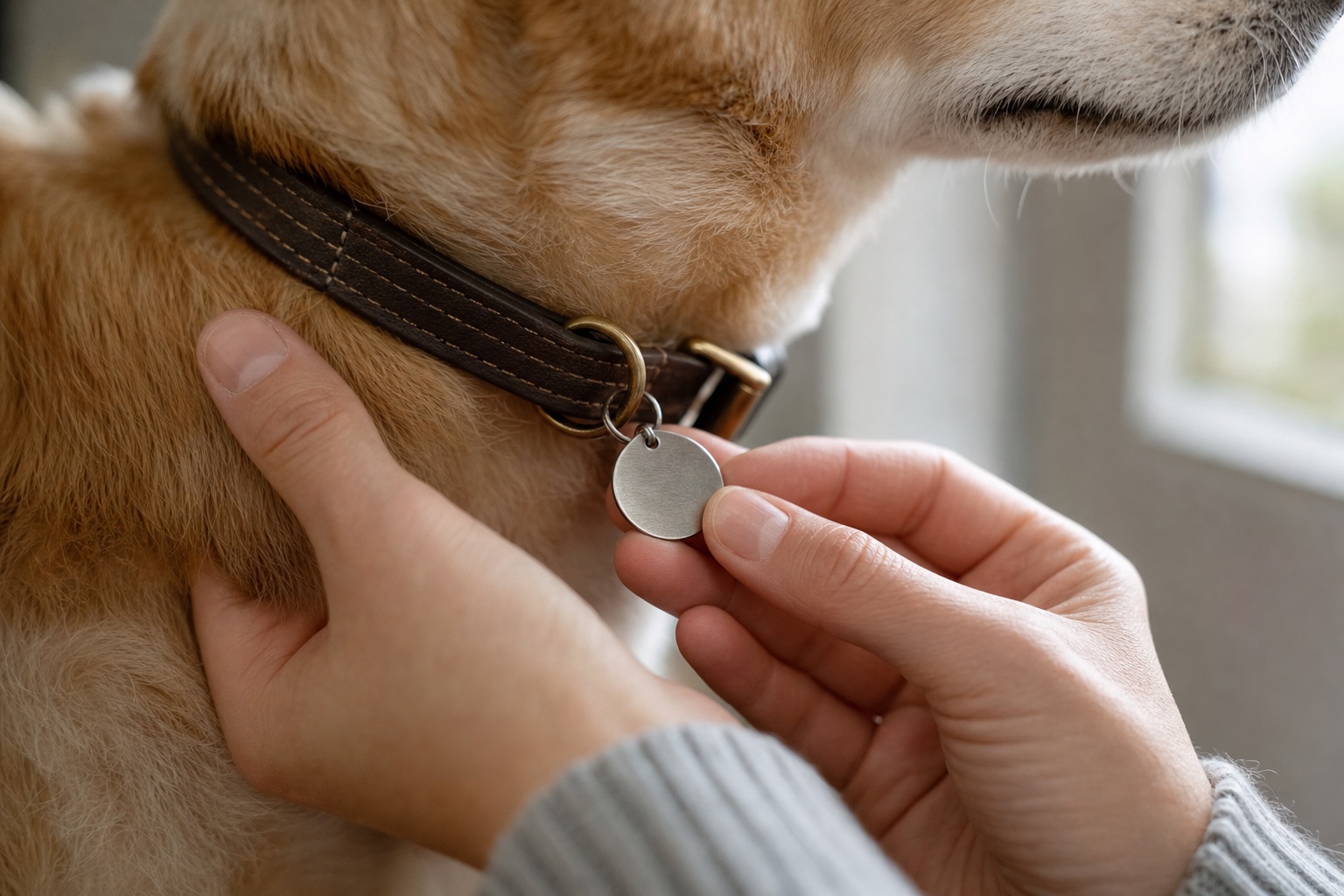 An owner checking a dog's collar and ID tag