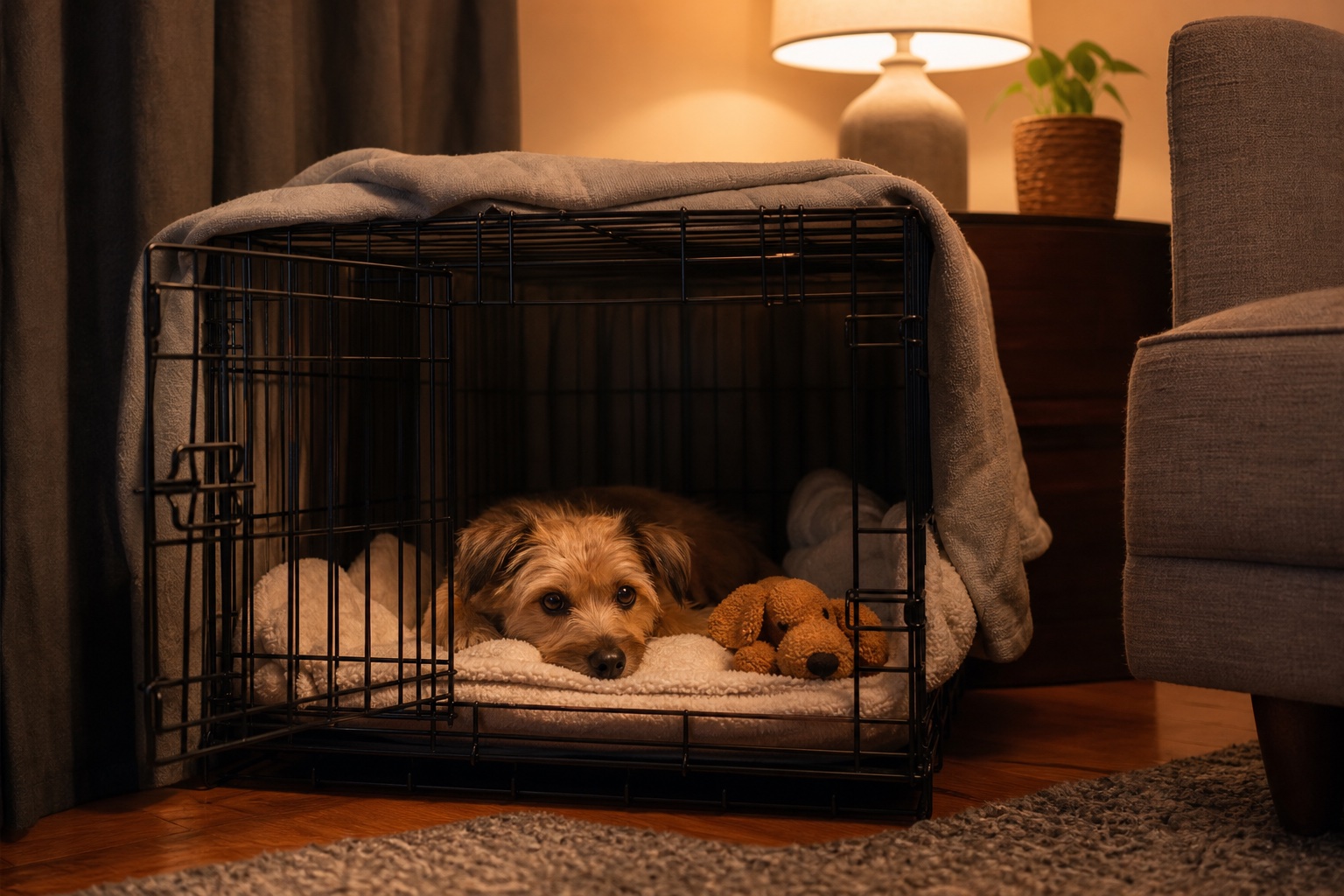 A dog resting in an open crate lined with soft blankets as a safe space