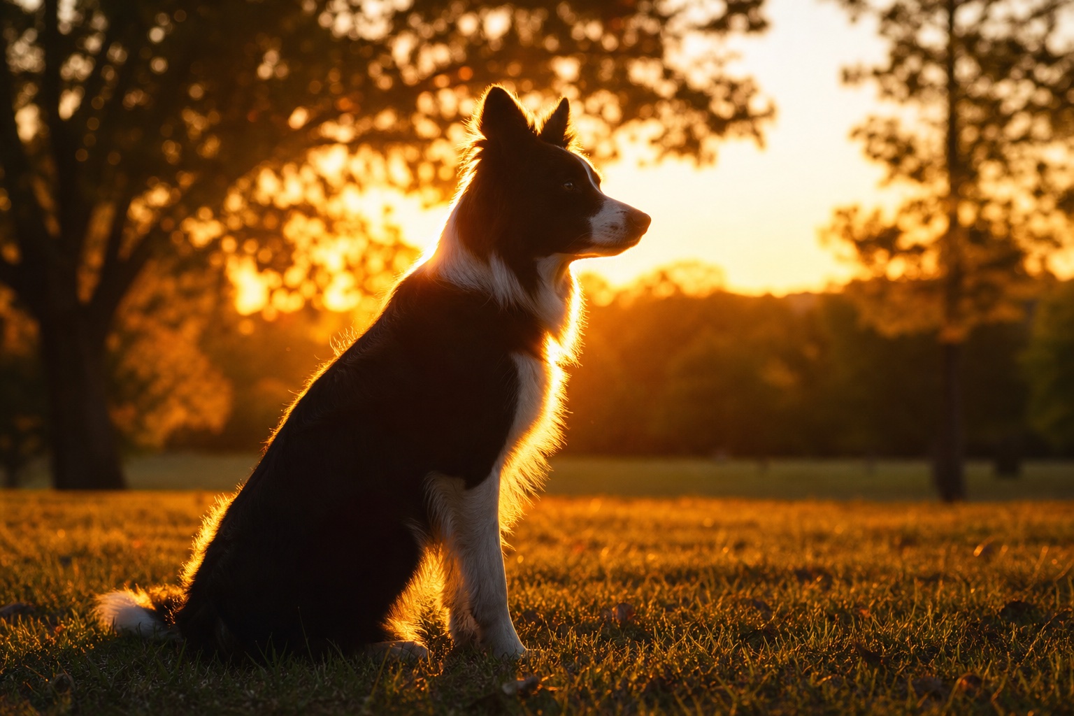 A dog backlit by golden hour light with a glowing rim on its fur