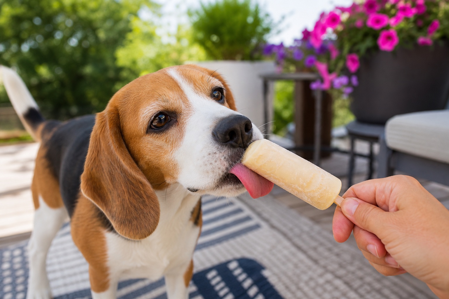 A dog enjoying a dog-safe frozen treat on a summer day