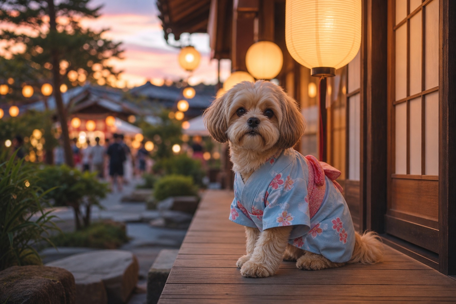 Un perro con ropa tradicional japonesa en ambiente de festival de verano