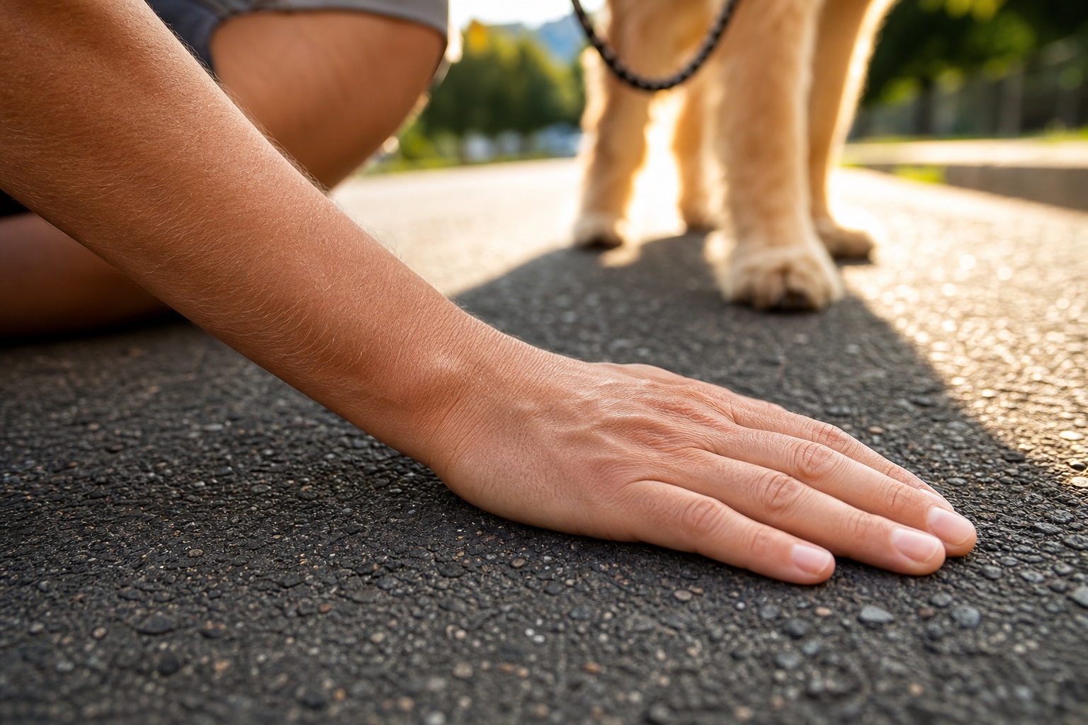 Checking the pavement temperature by hand before a walk