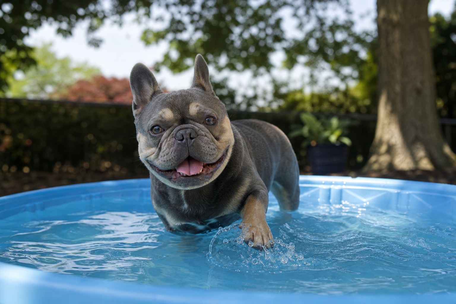 A dog splashing in a shallow backyard kiddie pool