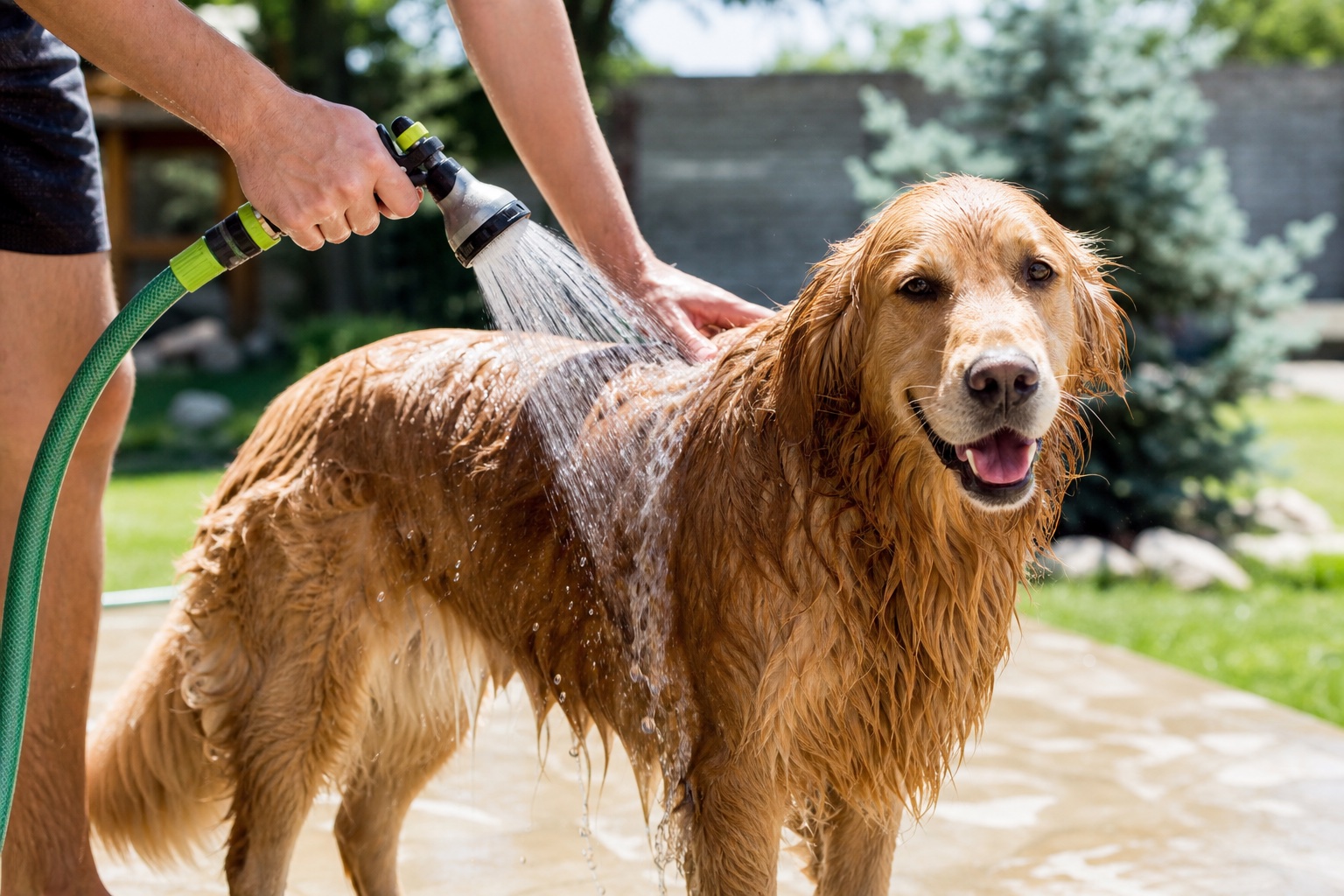 A dog being rinsed with fresh water after swimming