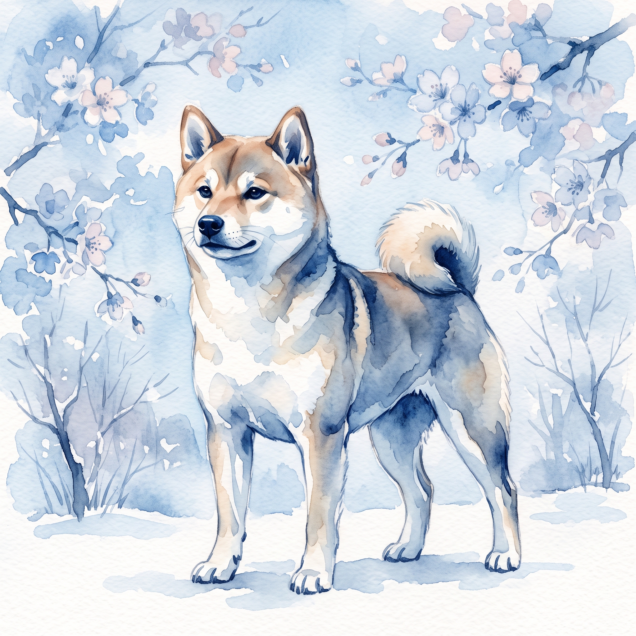 A Shiba Inu redrawn in a soft watercolor illustration style