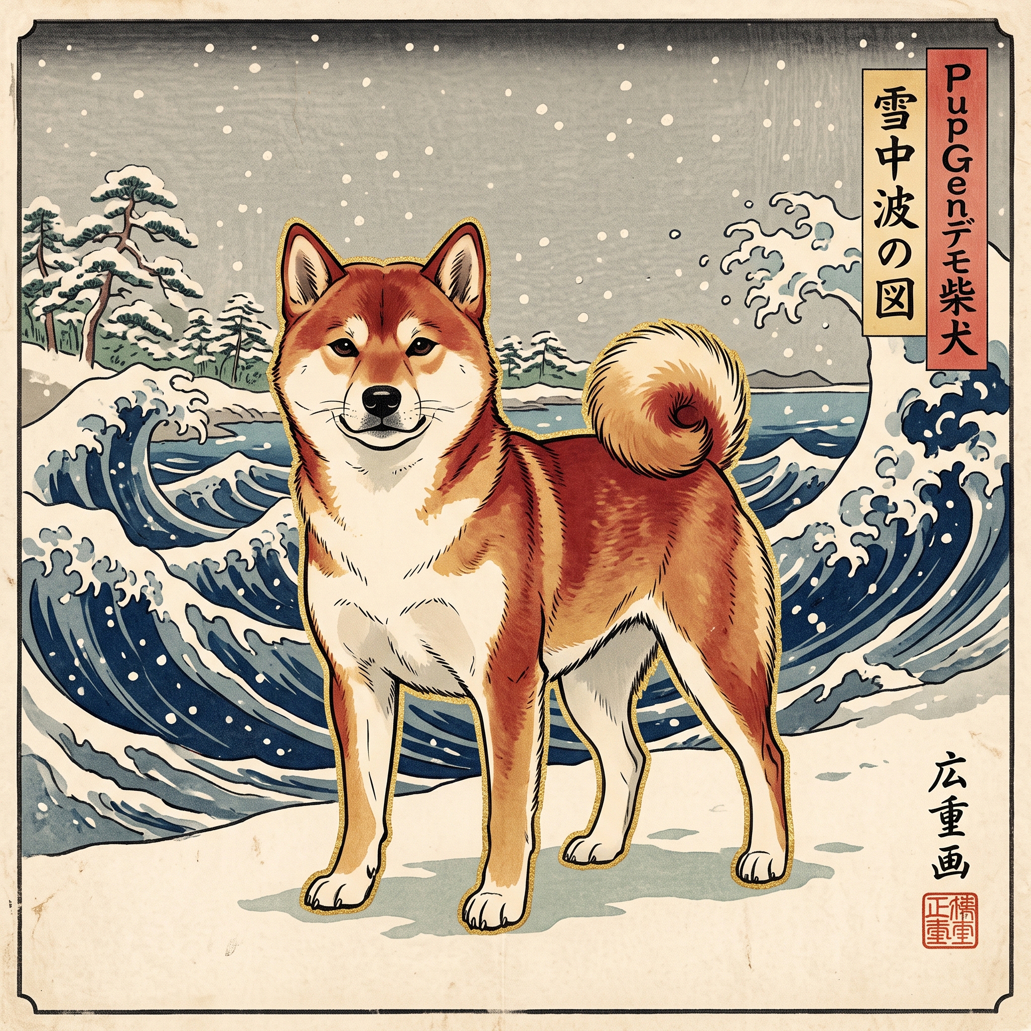A Shiba Inu redrawn as a Japanese ukiyo-e woodblock print