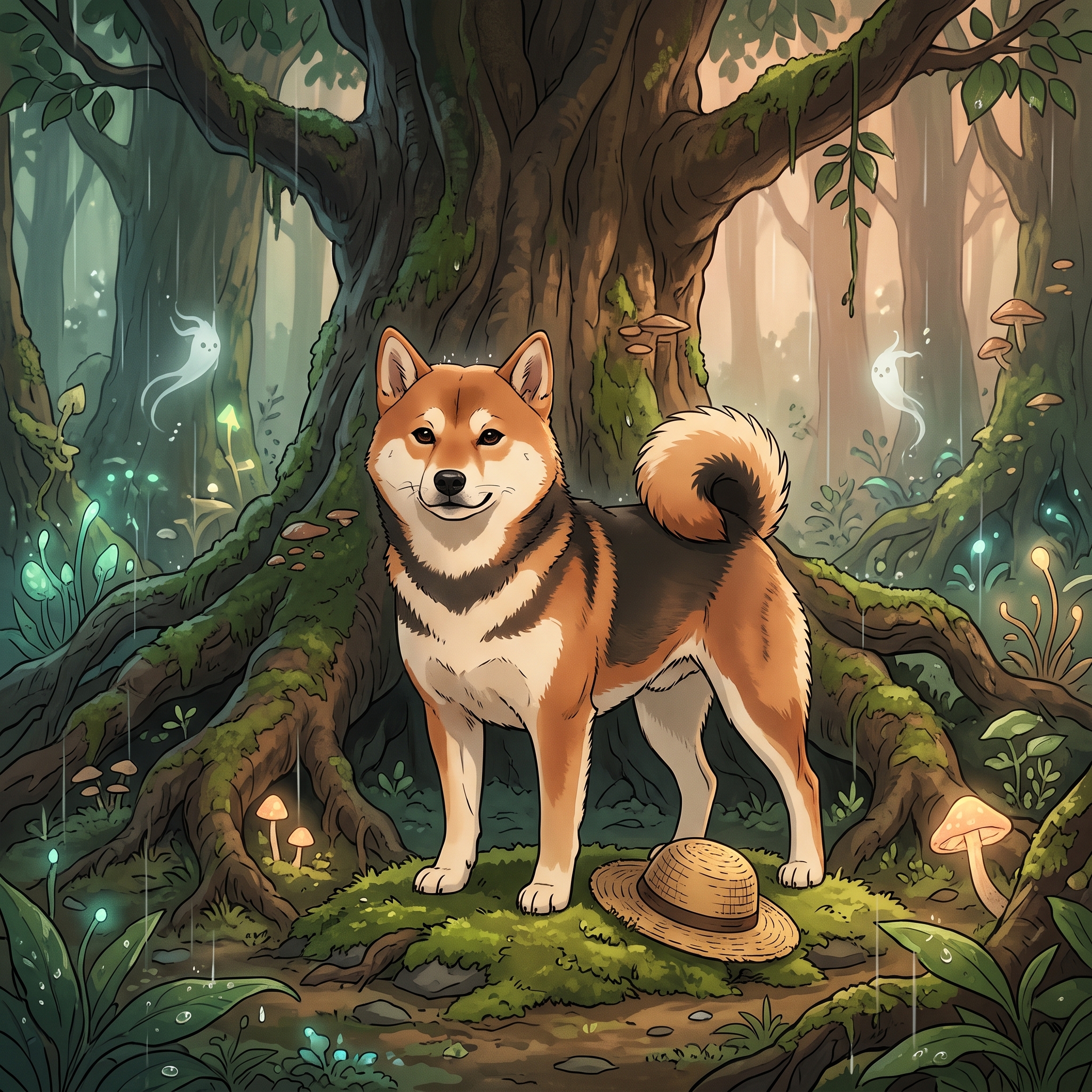 A Shiba Inu redrawn in a whimsical forest-spirit anime style